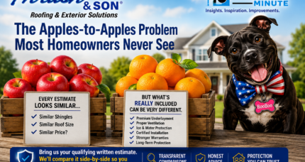 Roofing estimates comparison graphic showing apples and oranges beside BooBoo the mascot, highlighting differences in roofing materials, warranties, ventilation, and long-term home protection.