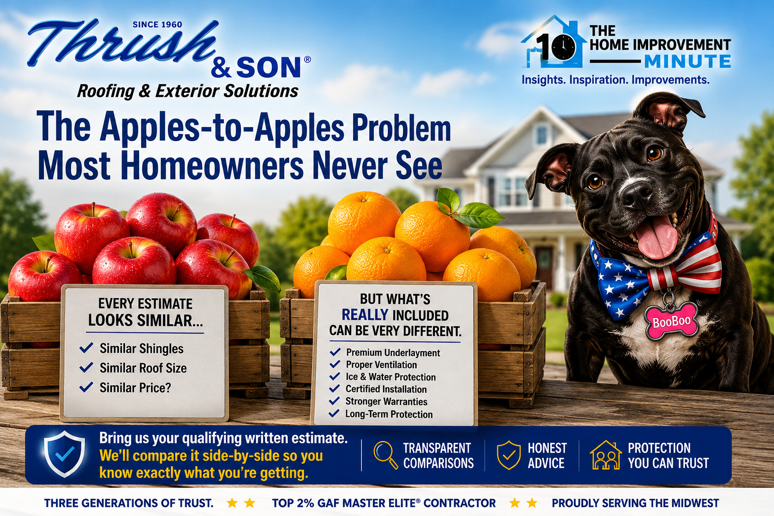 Roofing estimates comparison graphic showing apples and oranges beside BooBoo the mascot, highlighting differences in roofing materials, warranties, ventilation, and long-term home protection.