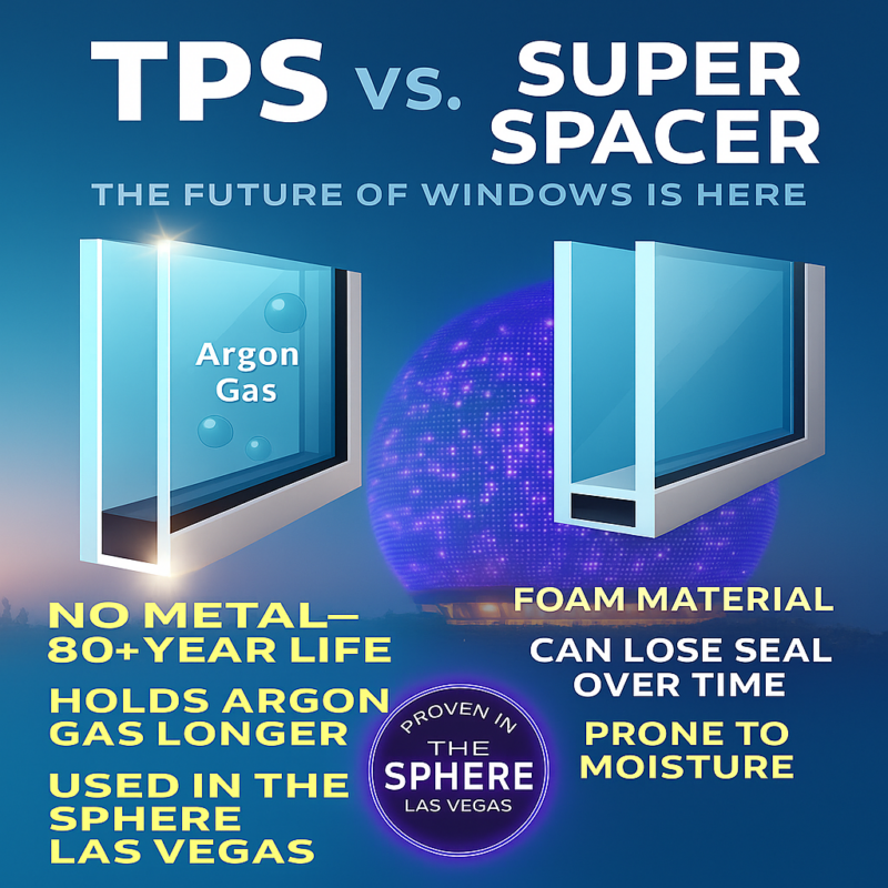 Side-by-side comparison of TPS vs. Super Spacer showing TPS as metal-free, 80+ year life, better argon retention, and used in The Sphere Las Vegas; Super Spacer foam prone to moisture and seal loss.