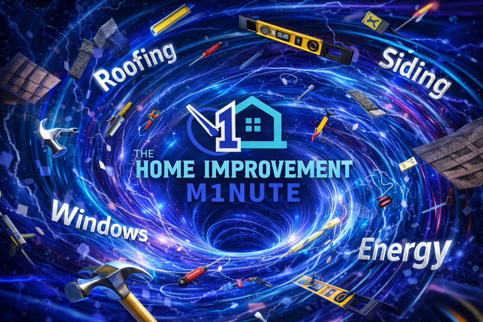The Home Improvement Minute vortex with roofing, siding, windows, energy, and tools swirling toward center logo for fast expert home improvement insights