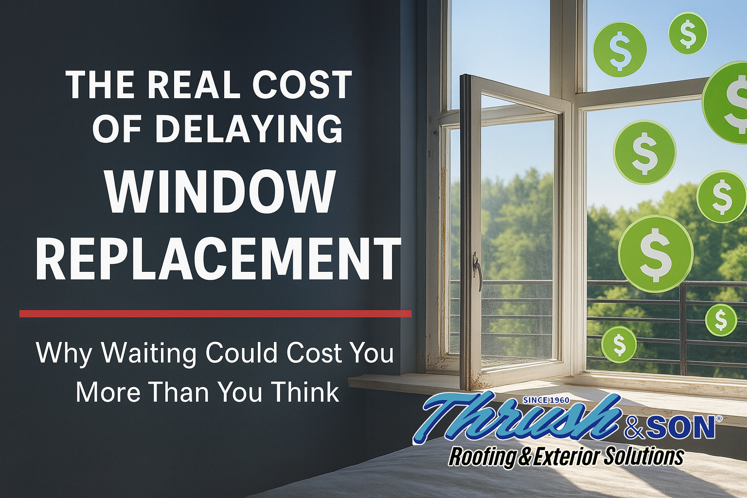 A side-by-side image of old and new windows with dollar signs illustrating energy savings, branded with Thrush & Son logo. Highlights cost of delaying window replacement.