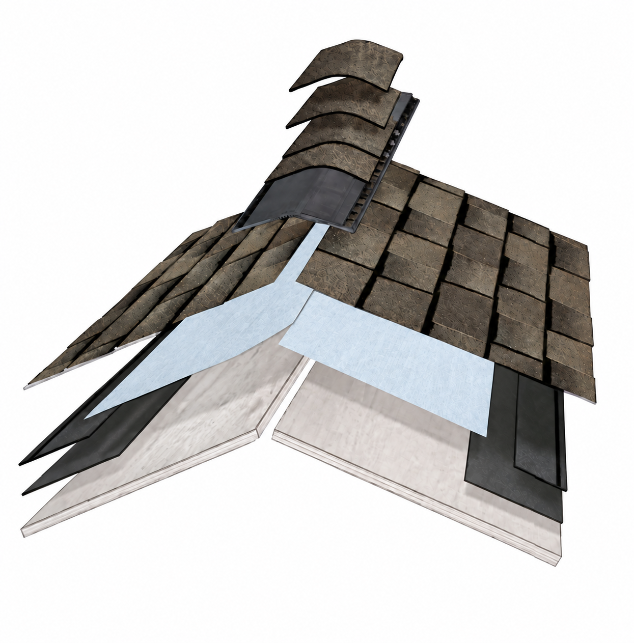 Cutaway diagram of the six-layer roof system Thrush & Son installs on Dayton, Ohio homes: leak barrier, deck protection, starter strip, architectural shingles, attic ventilation, and ridge cap shingles
