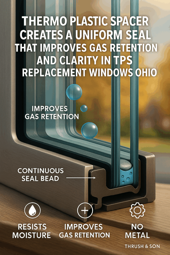 Thermo Plastic Spacer (TPS) | Continuous Seal for Clearer, Longer-Lasting Windows Close-up cutaway of Thermo Plastic Spacer in TPS Replacement Windows Ohio showing a continuous seal bead, no metal, and argon gas retention for clearer, longer-lasting performance.