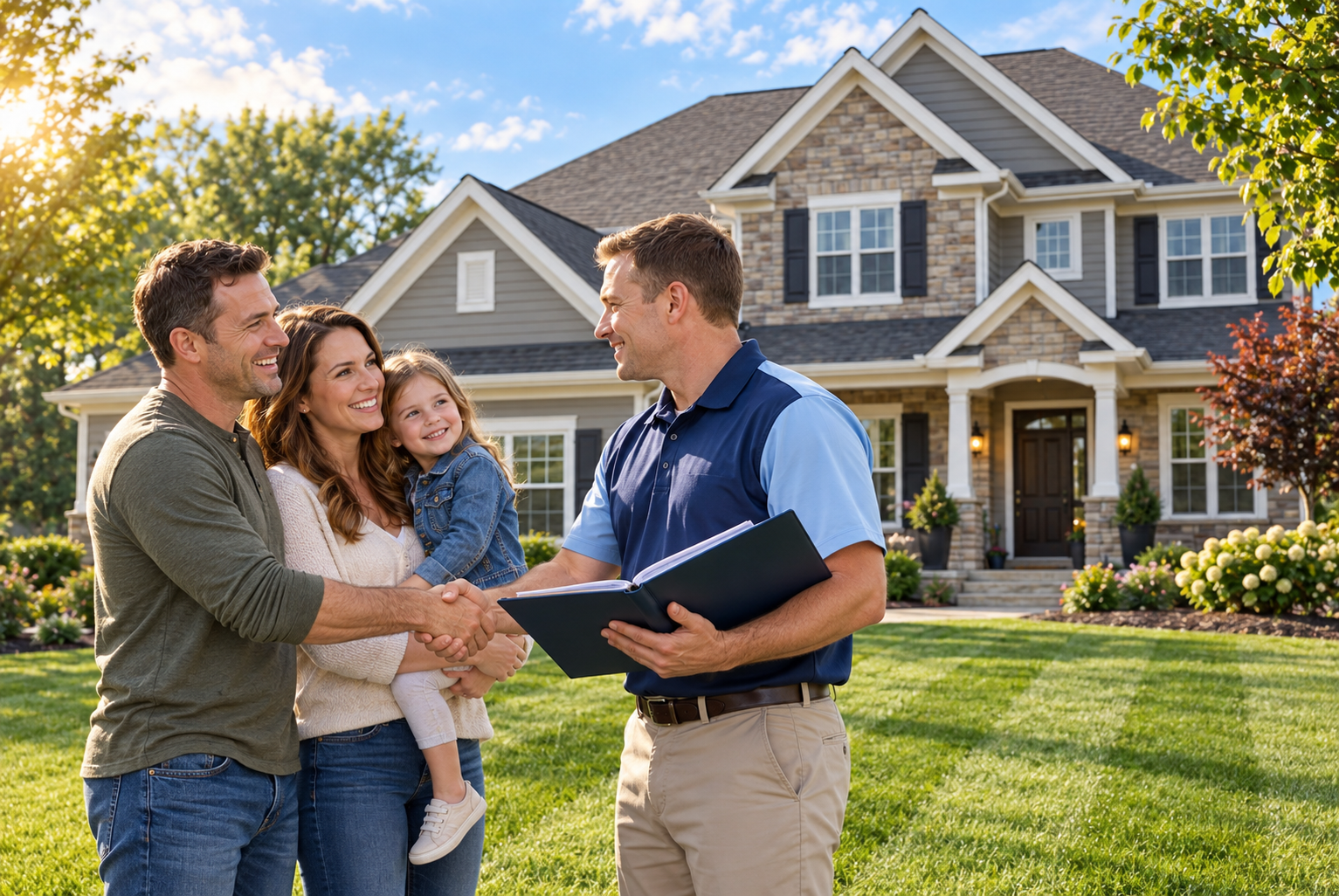 Roofing and Siding Promotions | Thrush & Son® Happy family reviews roofing and siding promotions with a Thrush & Son® representative outside their Dayton, Ohio home