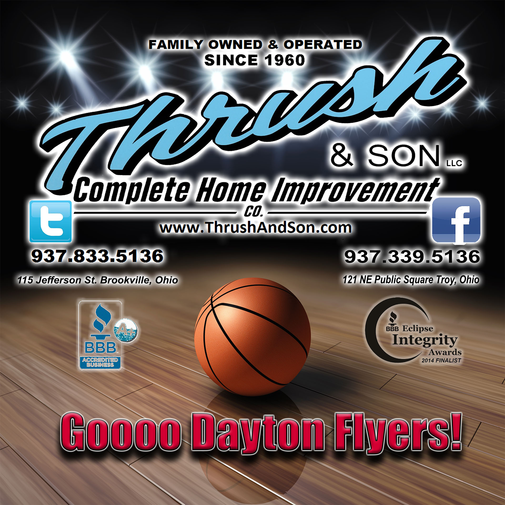 Dayton Flyers Basketball Sponsorship graphic featuring Thrush & Son® supporting UD basketball