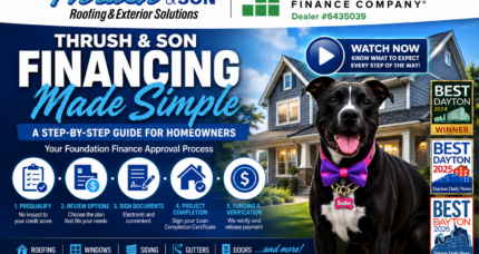 Thrush & Son® LLC. Roofing & Exterior Solutions financing guide with Foundation Finance Company, featuring BooBoo, Best of Dayton awards, homeowner financing steps, roofing and exterior remodeling services, and information about prequalification, loan documents, project completion, and funding verification.