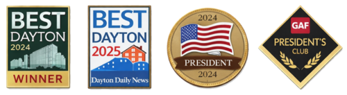 Thrush & Son Roofing awards and certifications including Best of Dayton winner, President 2024 recognition, and GAF President’s Club honor.