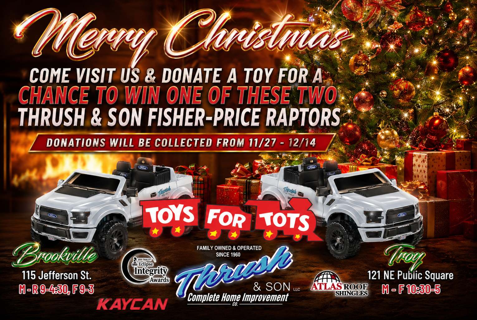 Thrush & Son toys for tots donation drive flyer showing Brookville and Troy drop-off locations.