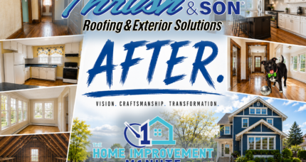 Historic home renovation before and after transformation showcase by Thrush & Son® LLC. Roofing & Exterior Solutions featuring restored interiors, luxury kitchen remodeling, attic restoration, exterior renovation, and The Home Improvement Minute branding.