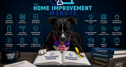 BooBoo, the Thrush & Son® mascot, studies roofing warranties at The Home Improvement Minute resources hub