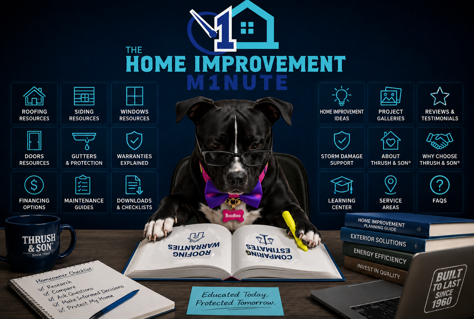BooBoo, the Thrush & Son® mascot, studies roofing warranties at The Home Improvement Minute resources hub