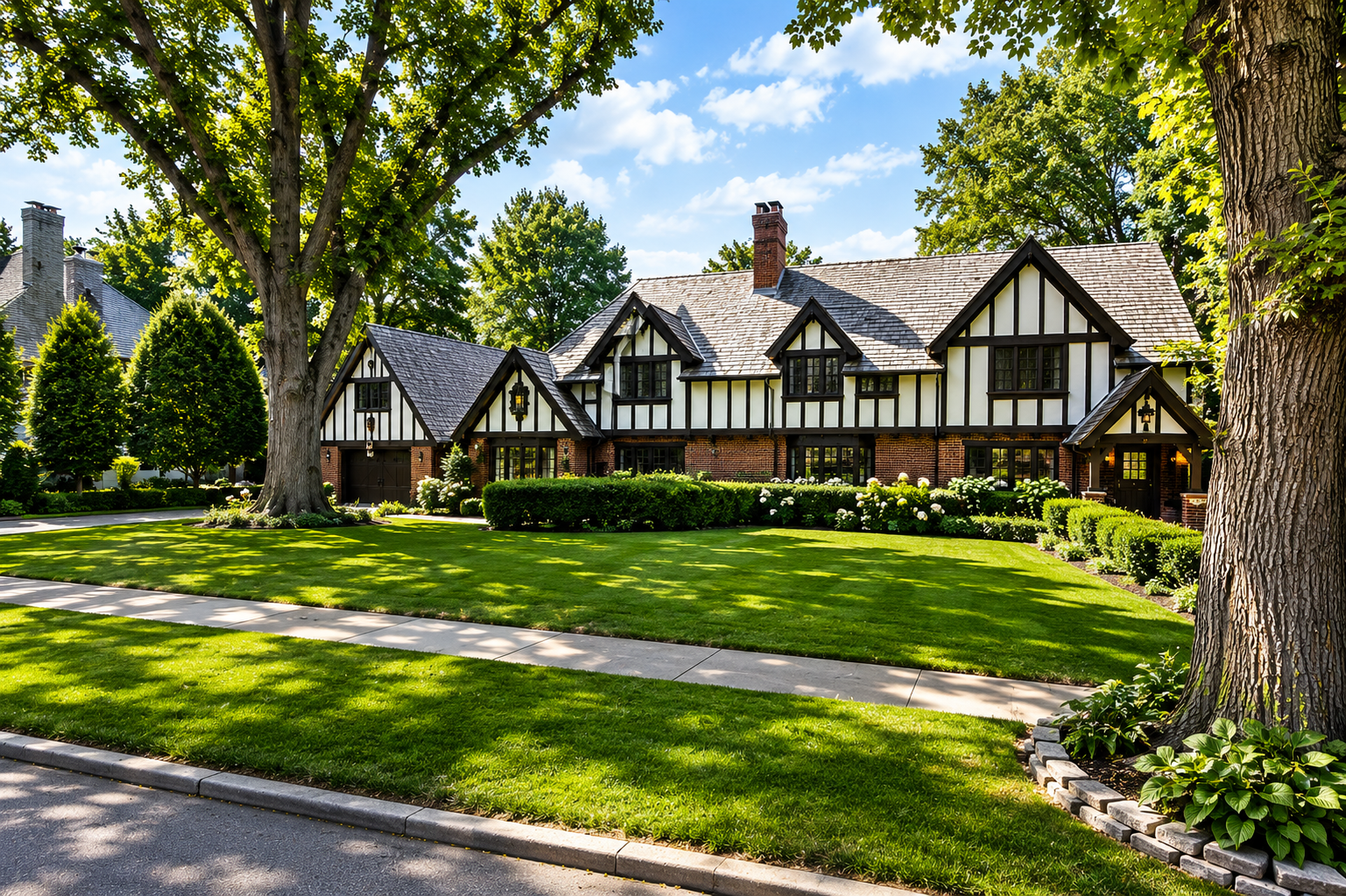 Tudor-style home with a professionally installed shingle roof by Thrush & Son® roofing contractors in Dayton, Ohio.