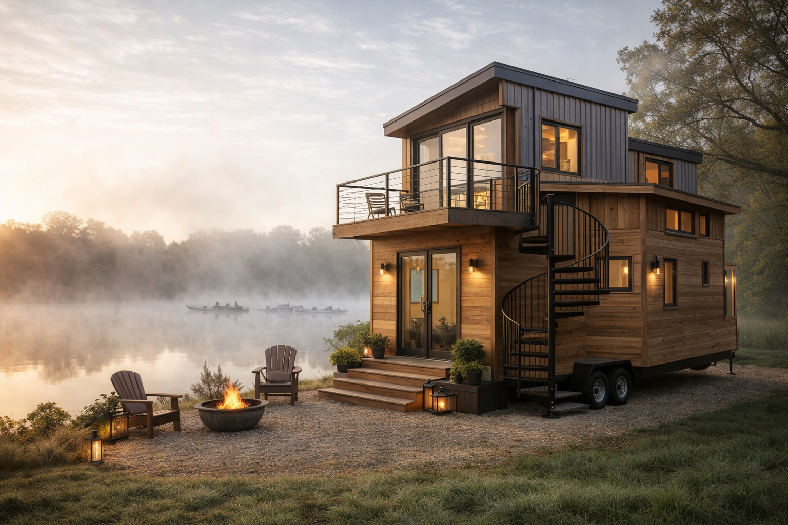 Tiny homes madness showing a story-and-a-half tiny home by a Midwest lake as morning fog rises over the water.