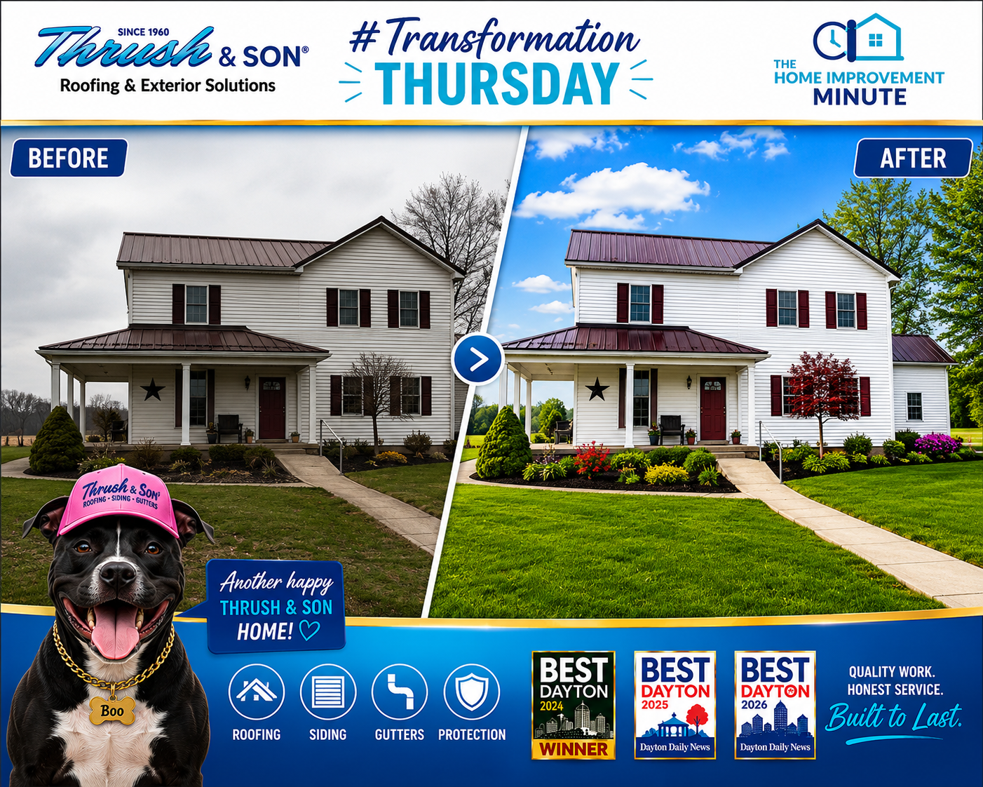 Farmhouse exterior transformation and curb appeal upgrade by Thrush & Son.