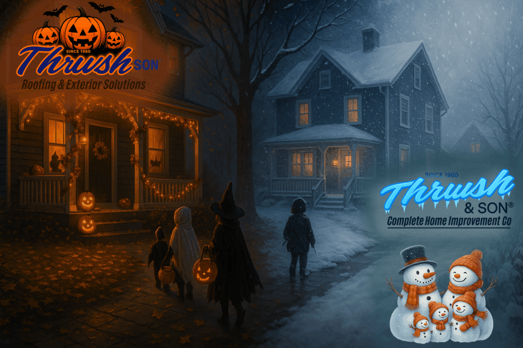Trick or Treat to a Blizzard — Halloween Tips & Energy-Savings | Thrush & Son Halloween Tips & Energy-Savings — children trick-or-treating at a glowing home that transitions into a snowy winter scene with a snowman family and the Thrush & Son logo.
