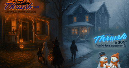 Children trick-or-treating at a warmly lit home with jack-o’-lanterns, transitioning into a snowy winter scene where a snowman family smiles beneath the Thrush & Son logo—symbolizing the shift from Halloween fun to winter energy savings.