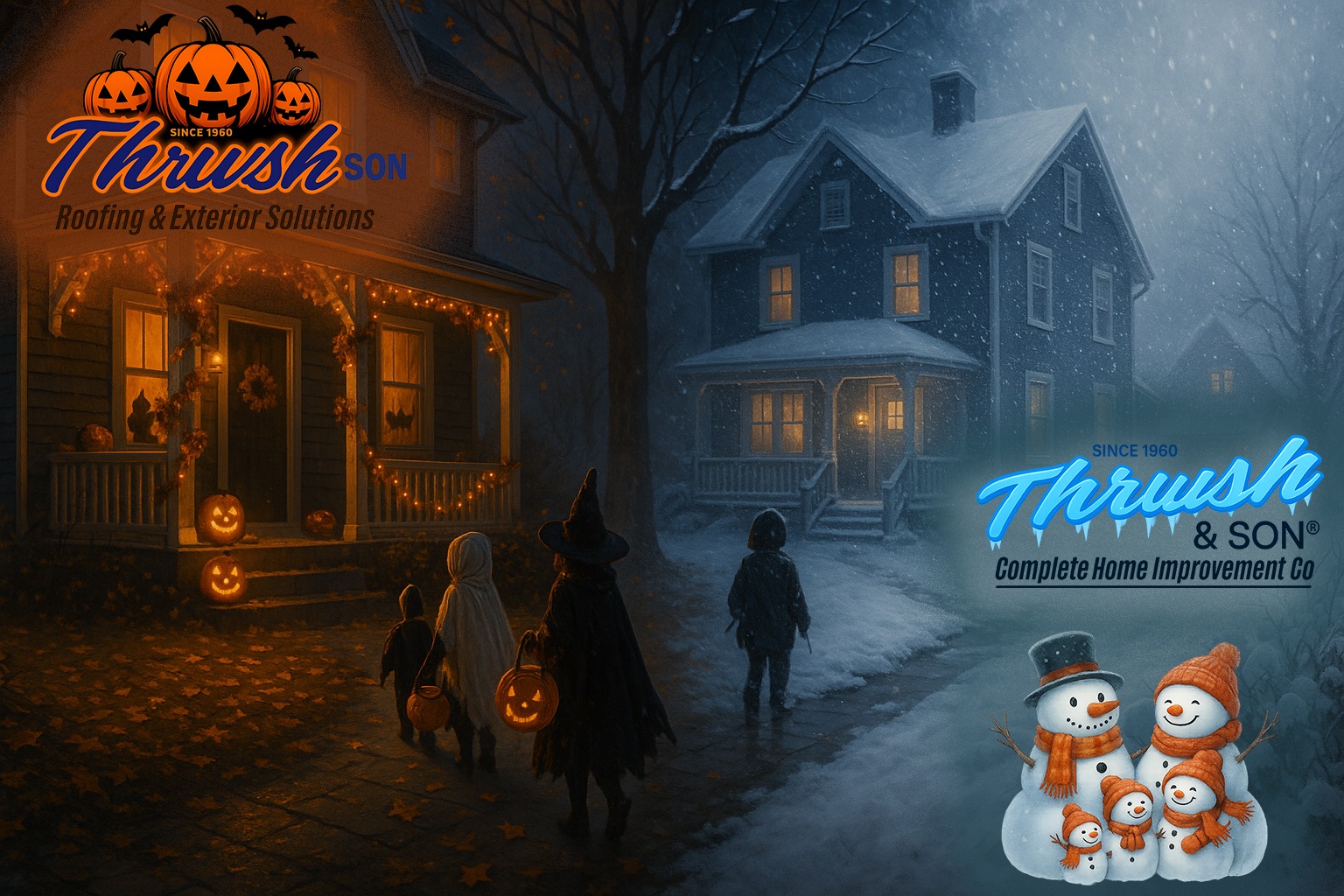 Children trick-or-treating at a warmly lit home with jack-o’-lanterns, transitioning into a snowy winter scene where a snowman family smiles beneath the Thrush & Son logo—symbolizing the shift from Halloween fun to winter energy savings.