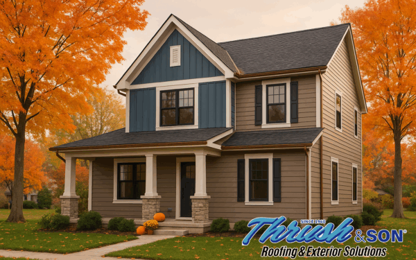 Dayton home with CertainTeed vinyl composite clapboard siding by Thrush & Son®, board-and-batten accent in gable, shake details, and fall landscaping with brand logo.