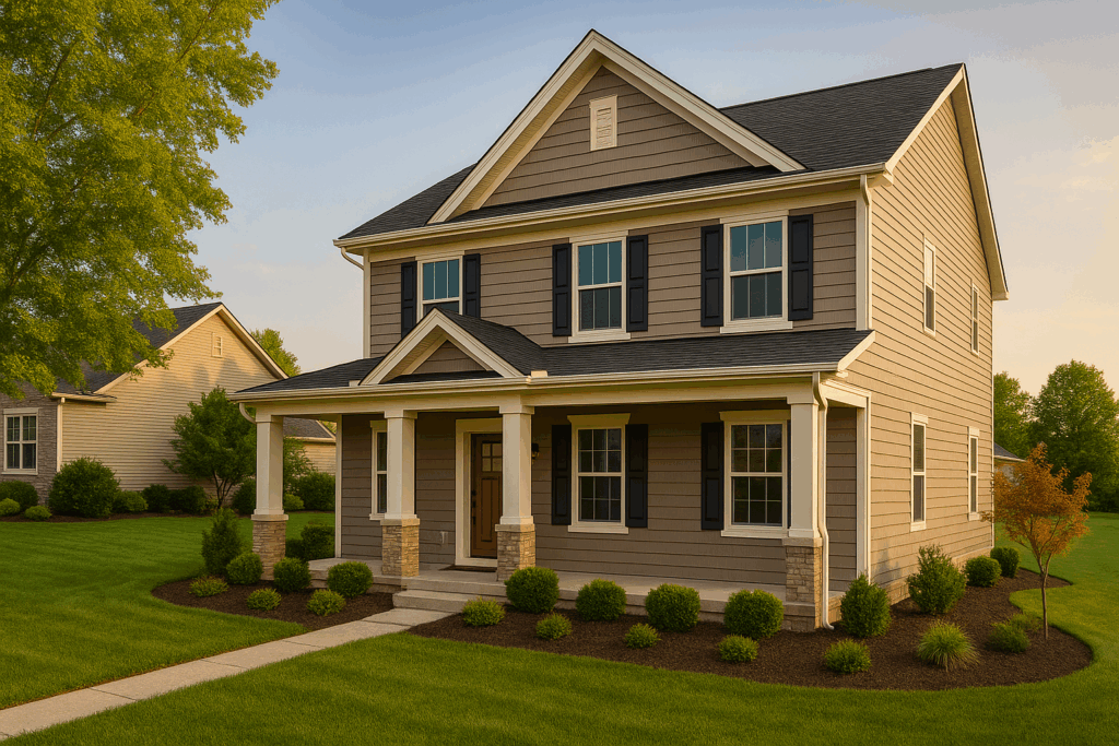Vinyl Siding Dayton Home by Thrush & Son® Vinyl siding Dayton home featuring CertainTeed composite clapboard installed by Thrush & Son®, showcasing board and batten accents, shake gables, and detailed freeze board trim.