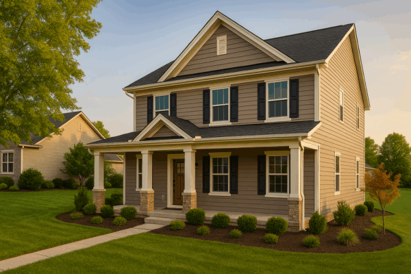 Vinyl siding Dayton home featuring CertainTeed composite clapboard installed by Thrush & Son®, showcasing board and batten accents, shake gables, and detailed freeze board trim.