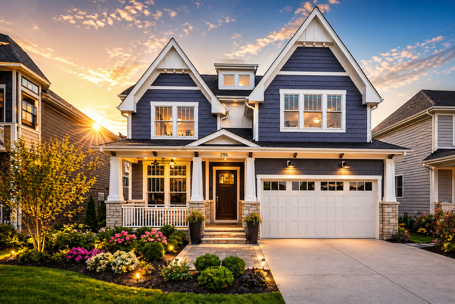 Designing your home exterior with modern blue siding, white trim, and balanced architectural details for a timeless curb appeal.