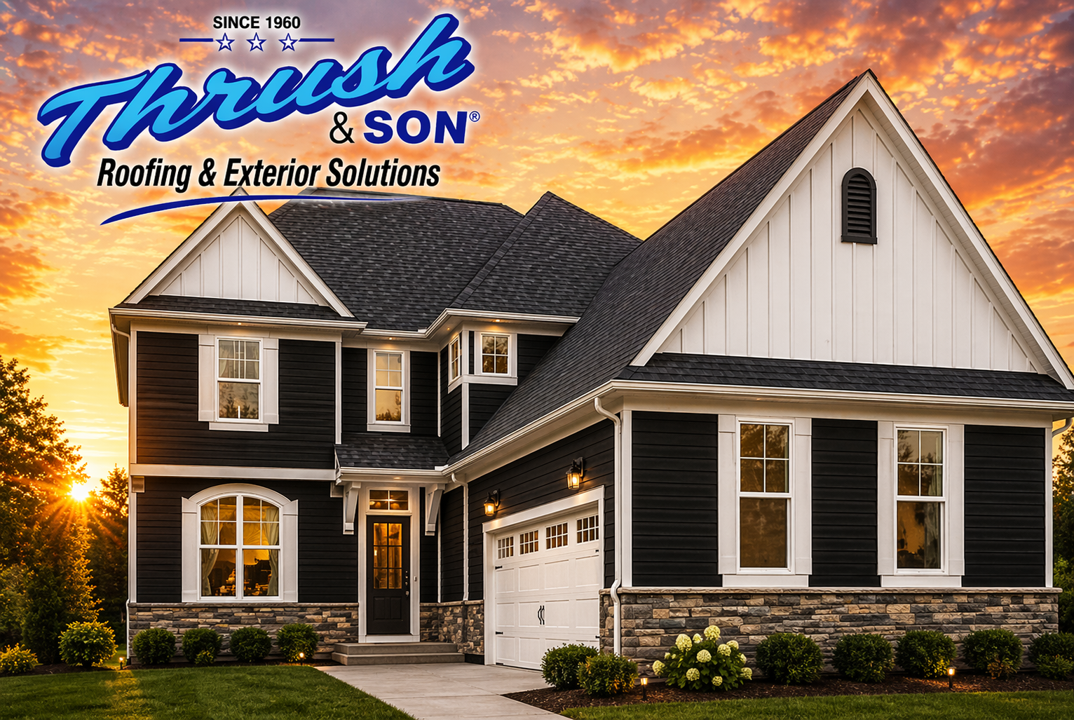 Vinyl Siding for Your Home: stunning two-story home with premium vinyl siding in dark blue, white trim & stone accents, boosting curb appeal and durability – Thrush & Son® exterior experts