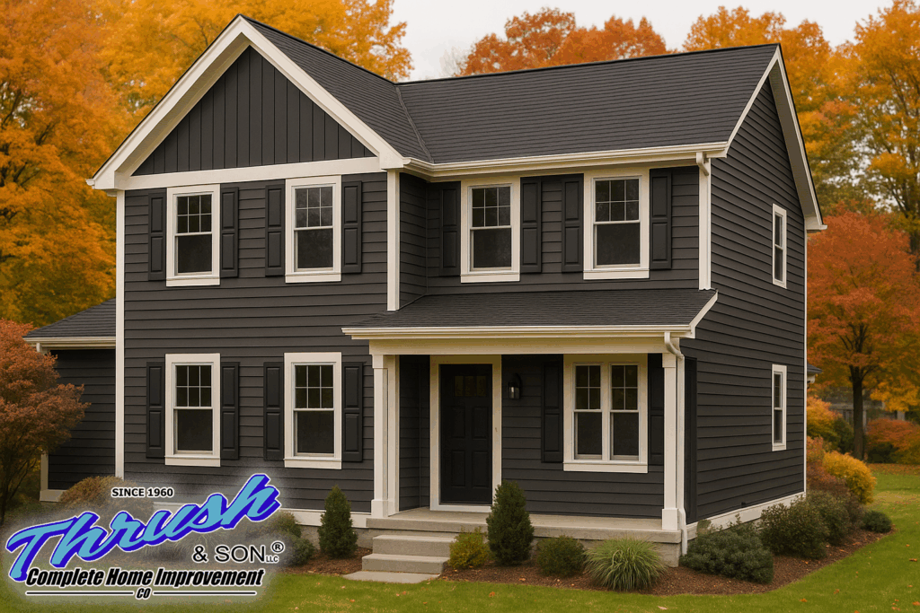 Vinyl siding in Centerville – energy-efficient exterior remodel Two-story Centerville home with dark Manor vinyl siding, white trim, and black roof during fall — showcasing the beauty and durability of vinyl siding in Centerville.