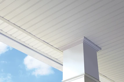 Vinyl soffit installation featuring a wainscoting-style panel with clean lines and optional hidden ventilation for proper attic airflow