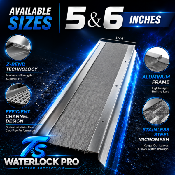 WaterLock Pro stainless steel micromesh gutter protection in 5 & 6 inch sizes featuring Z-bend technology installed by Thrush & Son.