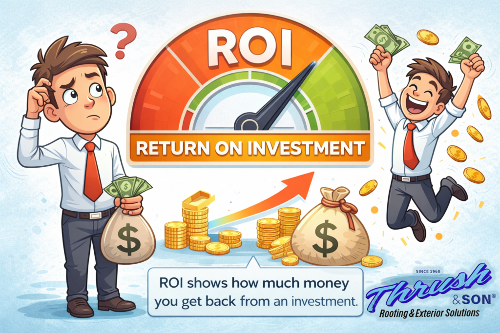 Cartoon illustration explaining ROI with a confused homeowner and an excited homeowner showing how return on investment works