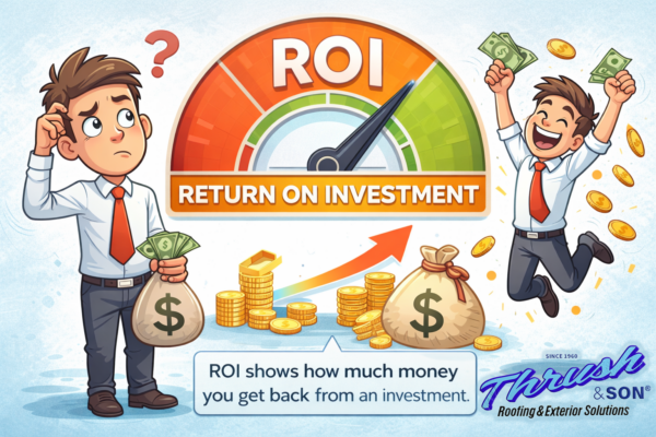 Cartoon illustration explaining ROI with a confused homeowner and an excited homeowner showing how return on investment works