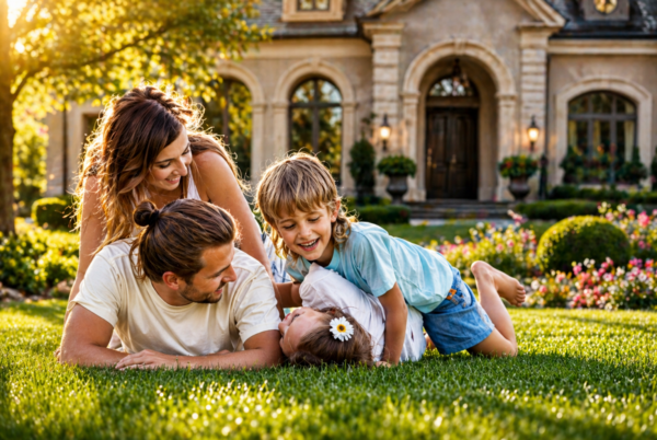 Historic home renovation lifestyle image featuring a happy family enjoying their beautifully restored luxury home and professionally landscaped outdoor living space in Ohio.