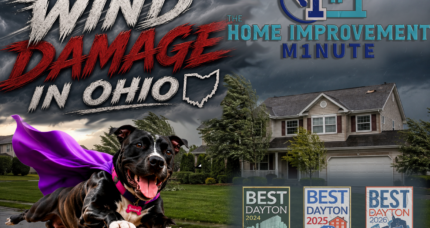 BooBoo flies ahead of a powerful Ohio windstorm approaching a suburban home beneath dark storm clouds.