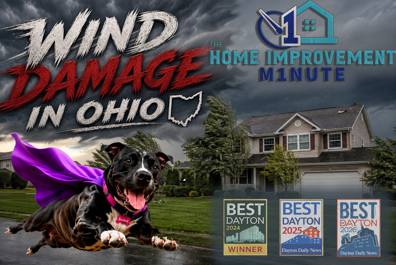 BooBoo flies ahead of a powerful Ohio windstorm approaching a suburban home beneath dark storm clouds.