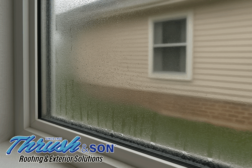 Window condensation Ohio—what foggy glass can signal Window condensation Ohio example on double-pane interior window with visible droplets