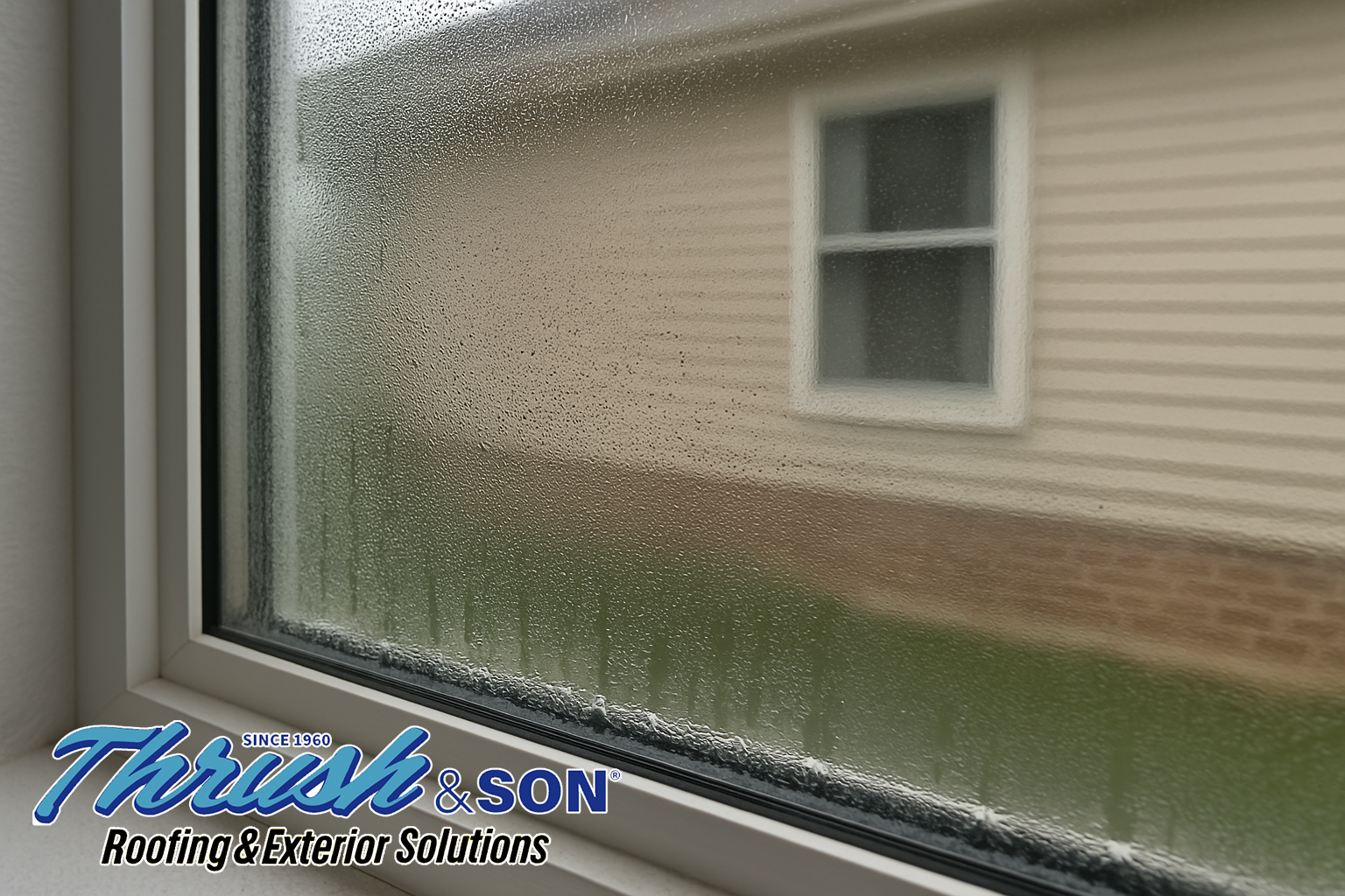 Window condensation Ohio example on double-pane interior window with visible droplets