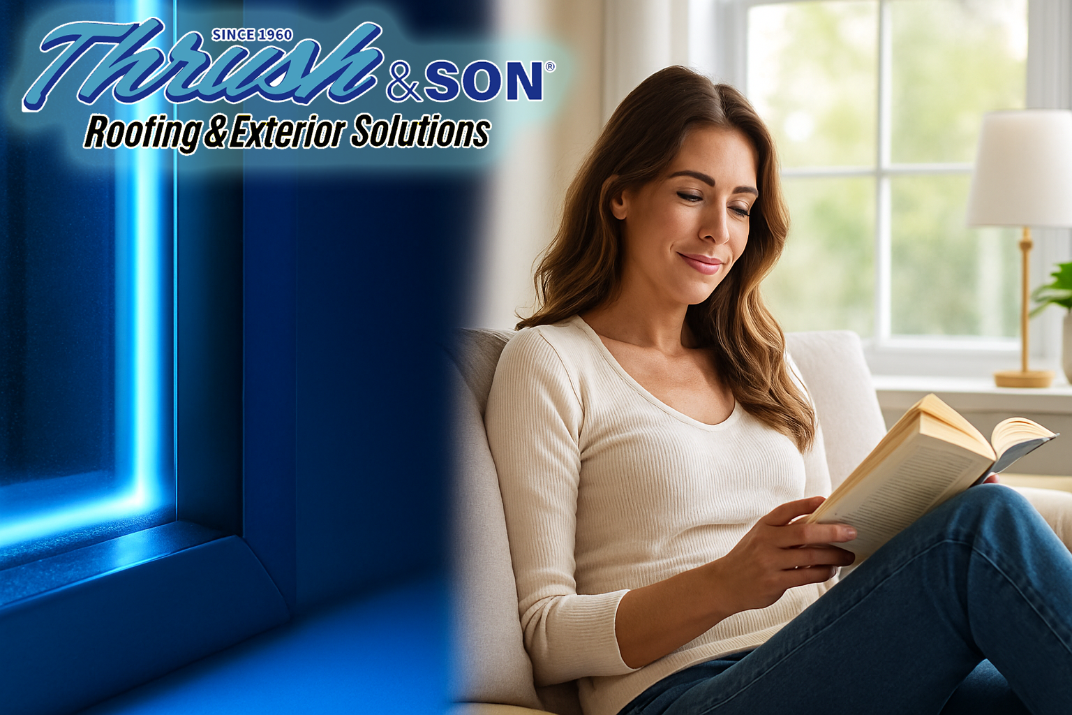 Split view of energy-efficient window with blue glow and a mother reading by a sunny window