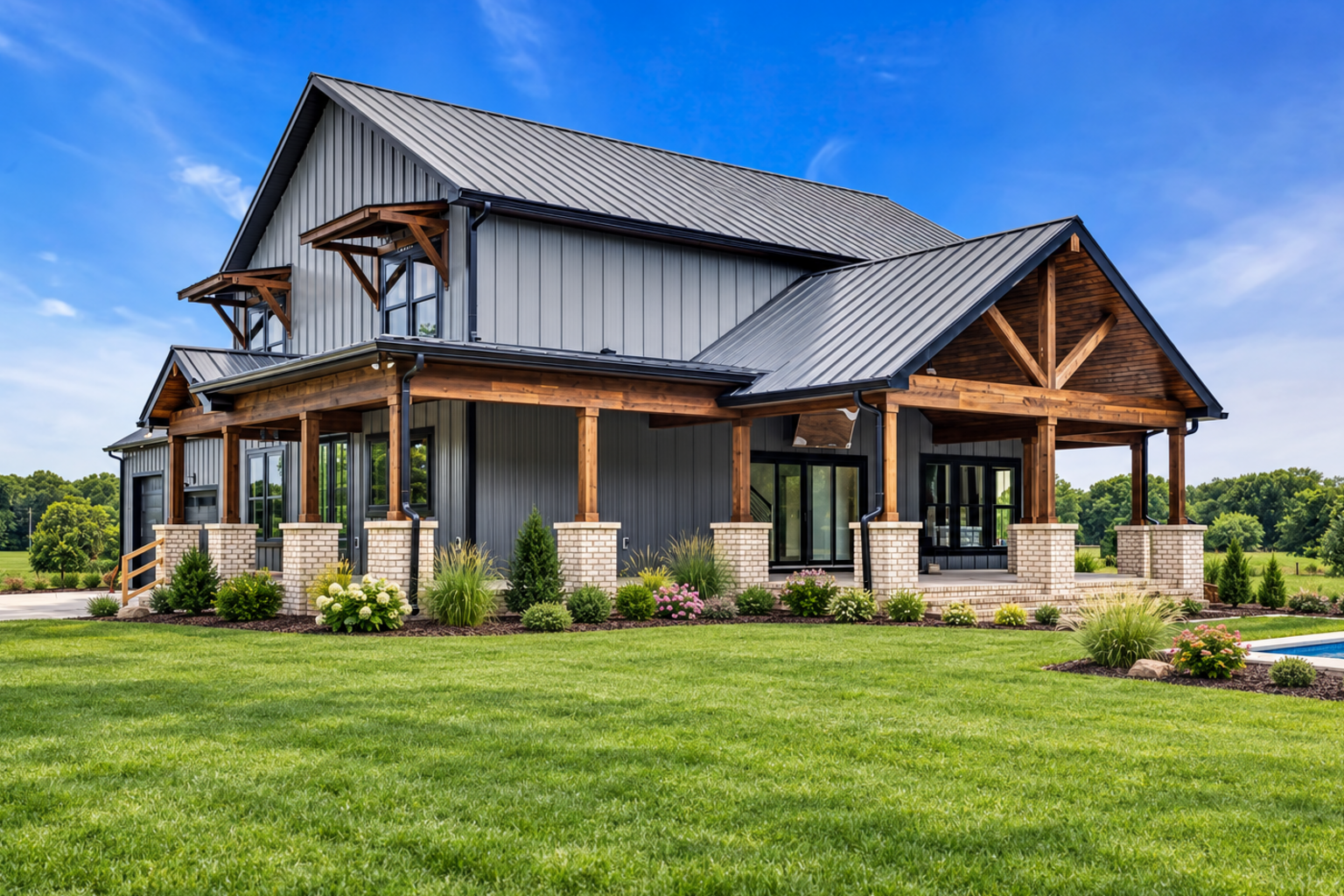 Modern metal board and batten siding home with metal roof, timber porch accents, green lawn, and landscaped foundation beds.