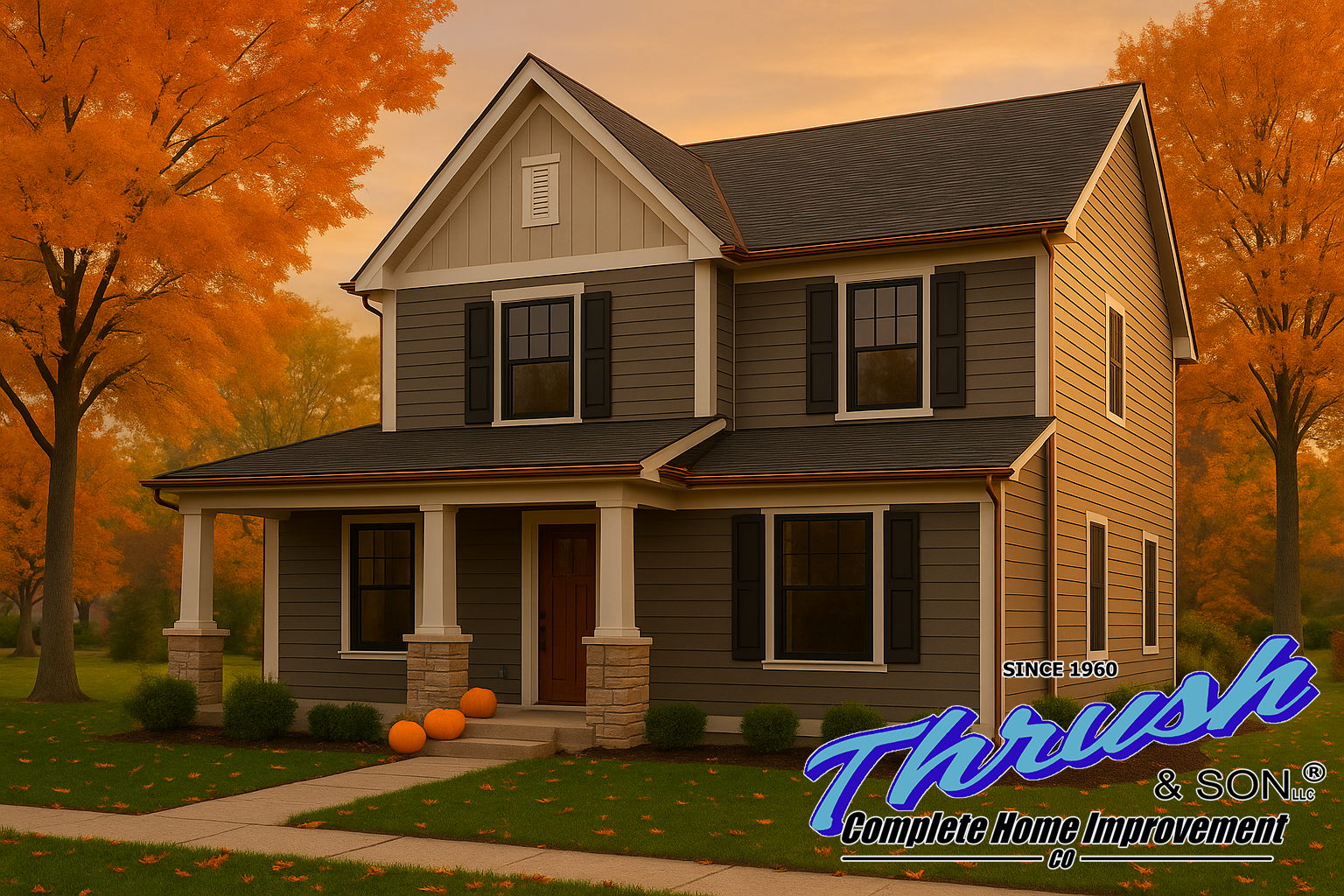 featured-hero certainteed-siding dayton-ohio-siding-contractor thrush-fall-finish Dayton Ohio siding contractor — Thrush & Son® completed CertainTeed vinyl composite clapboard and board-and-batten siding project at fall sunset.