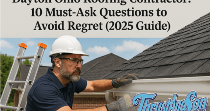 Dayton Ohio roofing contractor inspecting shingles and gutter on a home—Thrush & Son®. Title: Dayton Ohio Roofing Contractor – 2025 Guide Feature