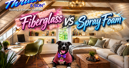 Fiberglass vs Spray Foam insulation comparison featuring BooBoo in a pink sweater and purple bow tie inside a beautifully finished attic with exposed wood beams, built-in bookshelves, and cozy seating