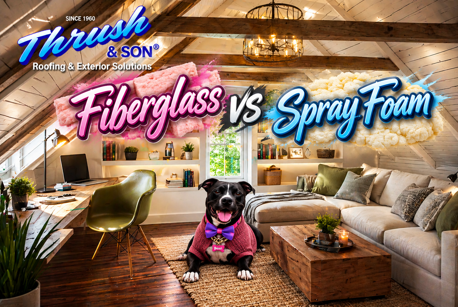 Fiberglass vs Spray Foam insulation comparison featuring BooBoo in a pink sweater and purple bow tie inside a beautifully finished attic with exposed wood beams, built-in bookshelves, and cozy seating