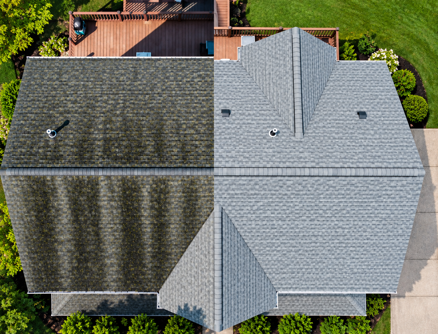 StainGuard® algae-resistant roofing shingles compared to a roof with dark algae streaks, showing the difference in appearance