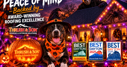 Halloween tips with BooBoo in a witch hat, glowing pumpkins, purple and orange lights, spooky masked figure, and Thrush & Son® Best of Dayton awards
