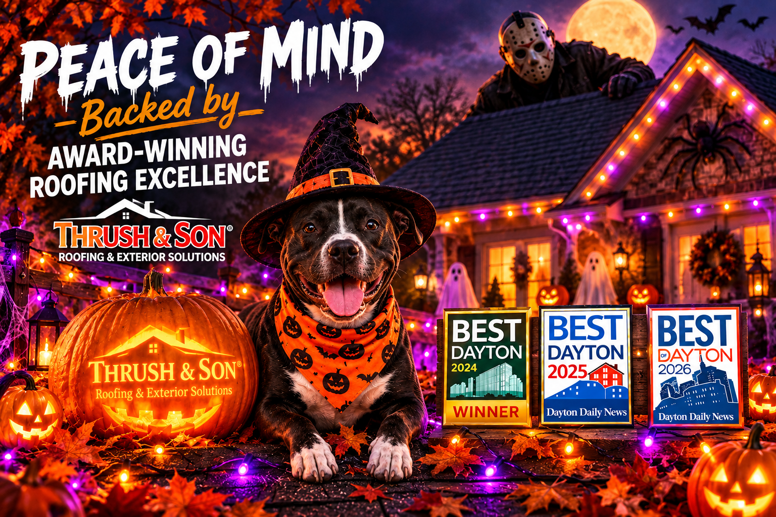 Halloween tips with BooBoo in a witch hat, glowing pumpkins, purple and orange lights, spooky masked figure, and Thrush & Son® Best of Dayton awards