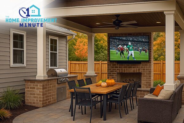 Home exterior checklist payoff — a covered patio outdoor kitchen with grill, fireplace, and mounted TV set up for fall football