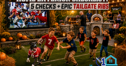 Home exterior checklist inspiration — kids play football on a lit backyard field while adults gather at an outdoor kitchen with ribs on the smoker.