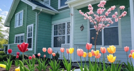 A charming Ohio home with freshly updated teal siding, modern windows, and a newly repaired roof, surrounded by a vibrant spring garden featuring colorful tulips in pink, yellow, and orange, and a blooming cherry blossom tree under a bright blue sky with scattered clouds, inviting potential customers to explore spring exterior home improvements.