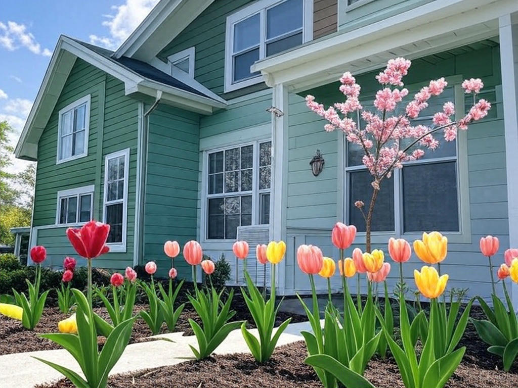 A charming Ohio home with freshly updated teal siding, modern windows, and a newly repaired roof, surrounded by a vibrant spring garden featuring colorful tulips in pink, yellow, and orange, and a blooming cherry blossom tree under a bright blue sky with scattered clouds, inviting potential customers to explore spring exterior home improvements.