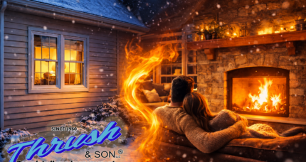 Insulated siding on a winter home exterior with snow, glowing windows and a family relaxing beside a warm fireplace in Dayton, Ohio during winter.